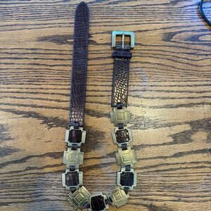 Vintage 1980s Brown Embossed Leather Gold Hardware Waist Belt Boho Chic Italian